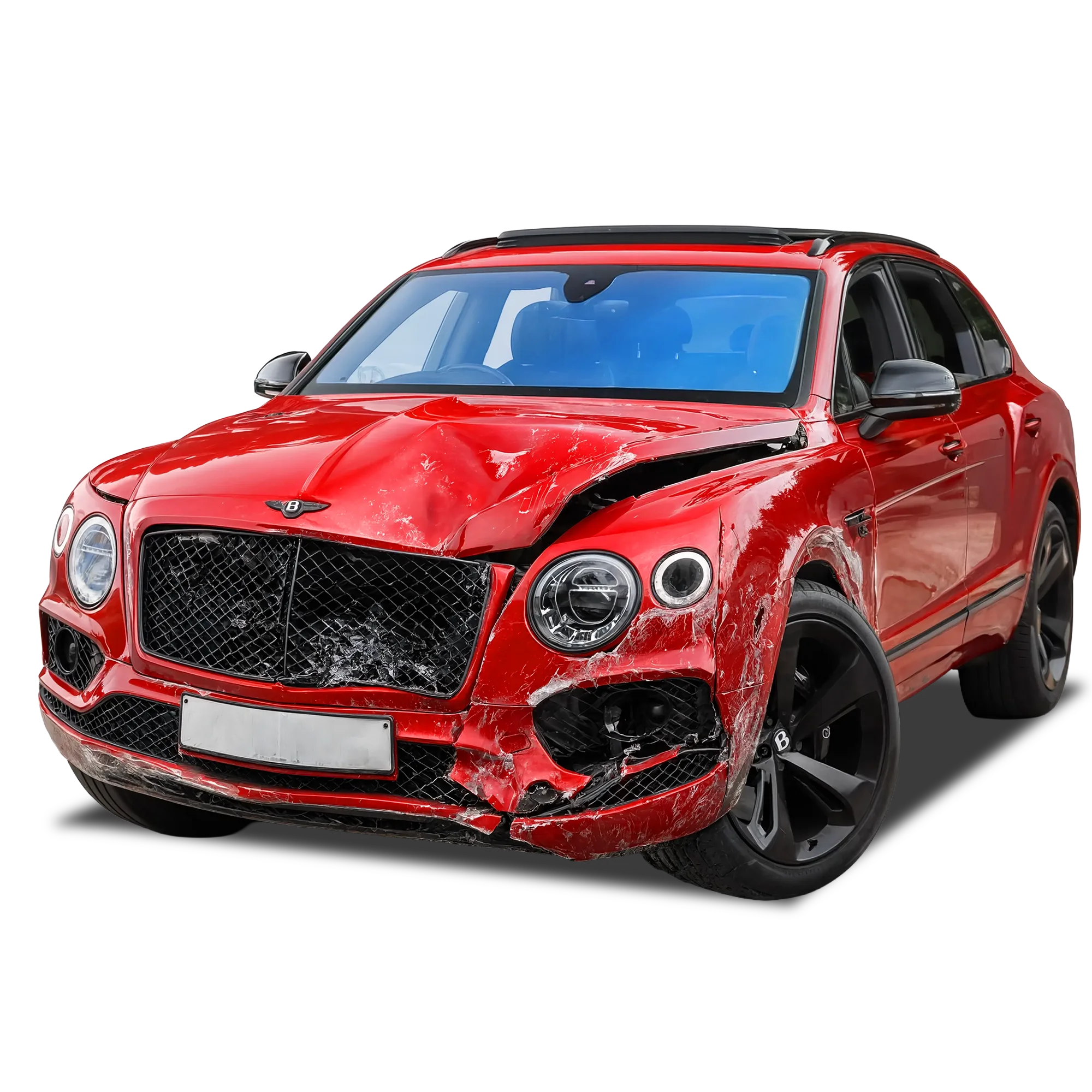 Damaged red Bentley Bentayga with front-end collision damage